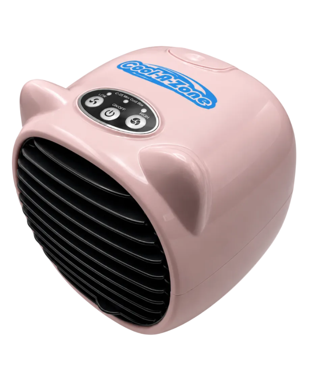 A pink cat-shaped portable fan with a black front grille and a blue 'Cool-A-Zone' logo on top, shown on a white background.
