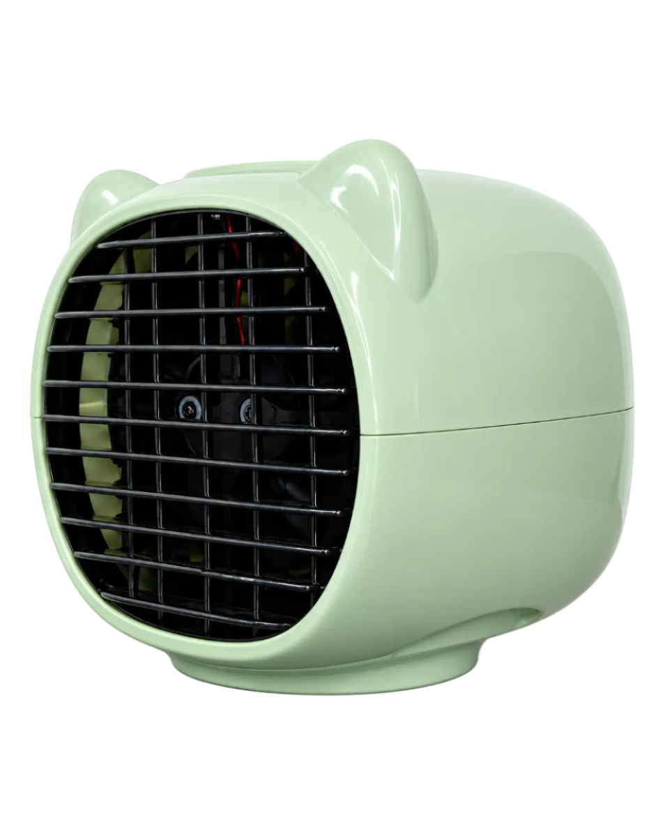 A small, rounded desk fan with a glossy pale green finish and cat-ear details on top, shown against a plain white background.