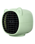 A small, rounded desk fan with a glossy pale green finish and cat-ear details on top, shown against a plain white background.