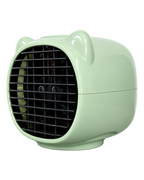 A small, rounded desk fan with a glossy pale green finish and cat-ear details on top, shown against a plain white background.